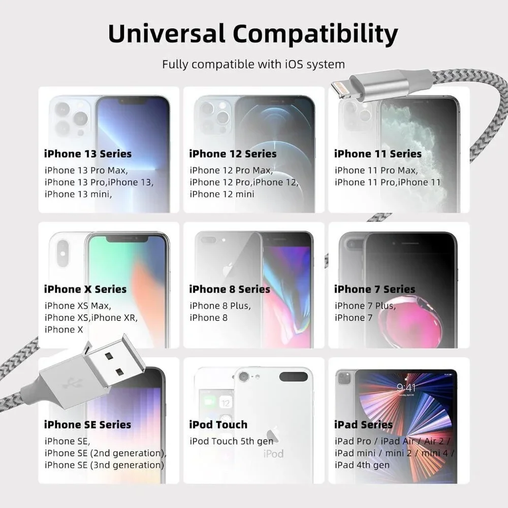 iPhone Charger 3 Pack 10 ft Apple MFi Certified Lightning Nylon Braided Cable Fa